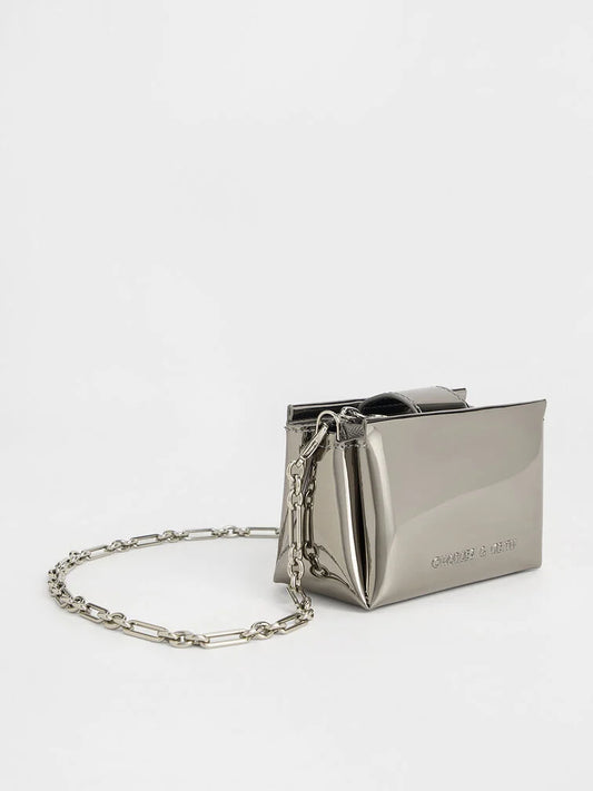 BOXED Charles & Keith Micro Bosie Patent Top Handle bag - Pewter