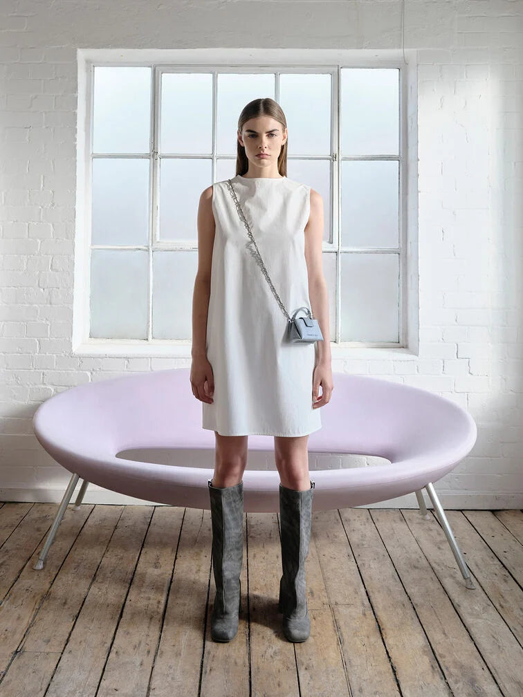 BOXED Charles & Keith Micro Bosie Patent Top Handle Pouch - Denim Blue