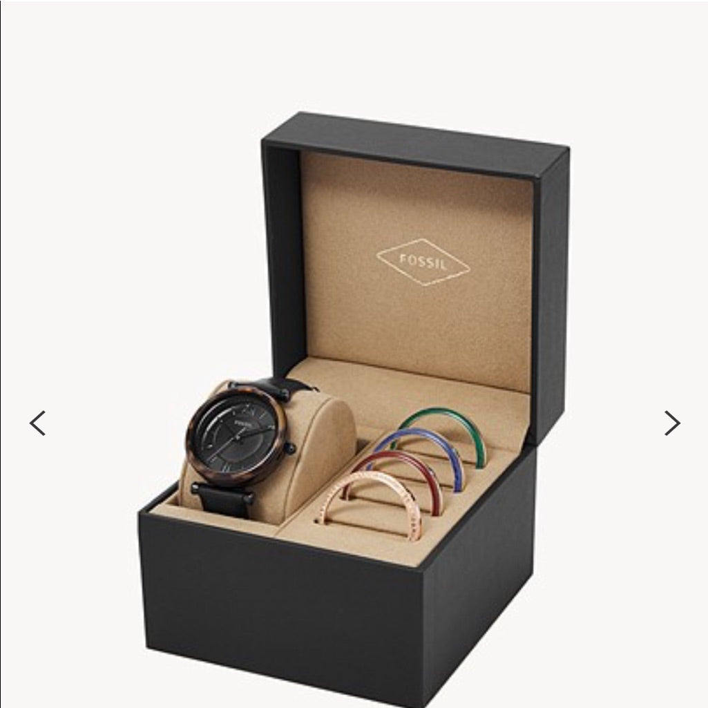 Fossil Carlie Three-hand Black Leather watch-Interchangeable Bezel Box set