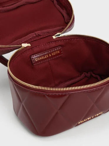 Charles and Keith Arwen Quilted Top Handle Vanity Bag - Burgundy