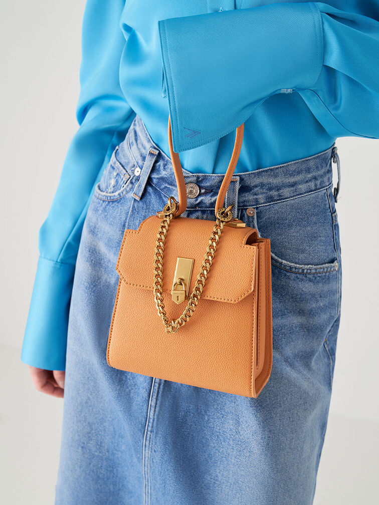 Charles & Keith Geometric Top Handle Chain-Link Bag-Pumpkin