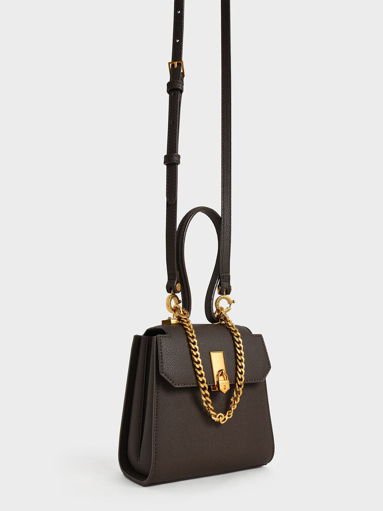 Charles & Keith Geometric Top Handle Chain-Link Bag - Dark Moss