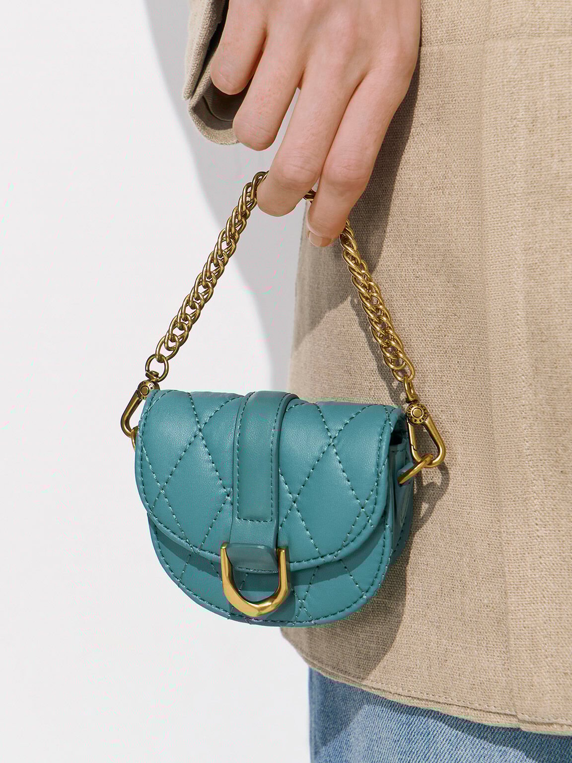BOXED Charles & Keith Micro Gabine Quilted Saddle Bag - Teal