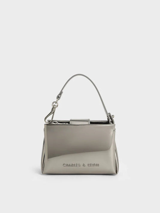BOXED Charles & Keith Micro Bosie Patent Top Handle bag - Pewter