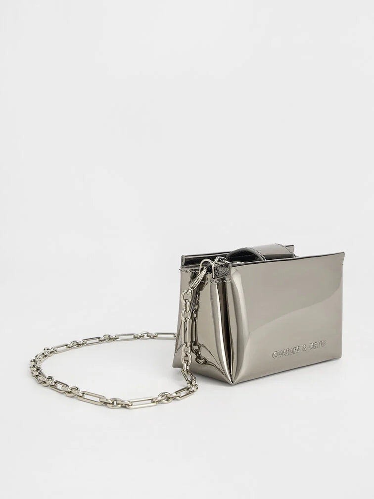 BOXED Charles & Keith Micro Bosie Patent Top Handle bag - Pewter