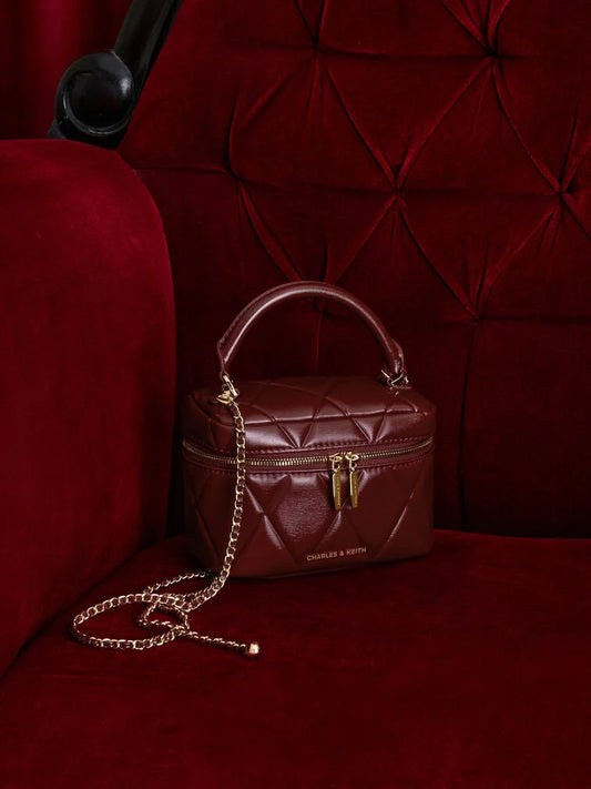Charles and Keith Arwen Quilted Top Handle Vanity Bag - Burgundy