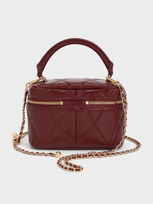 Charles and Keith Arwen Quilted Top Handle Vanity Bag - Burgundy