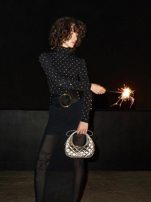 Charles and Keith Janie Metallic Quilted Bow-Handle Crescent Bag - Champagne