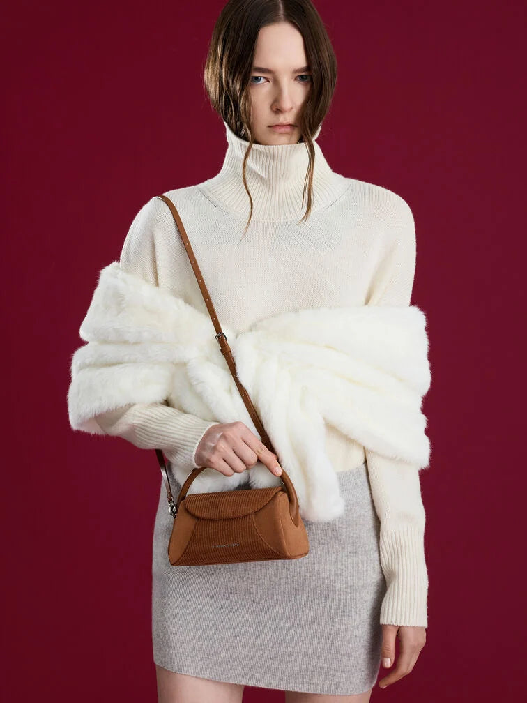 Charles and Keith Nelly Recycled Suede & Corduroy Top Handle Bag - Brown