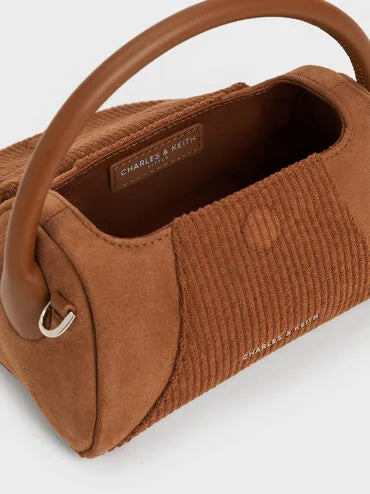Charles and Keith Nelly Recycled Suede & Corduroy Top Handle Bag - Brown