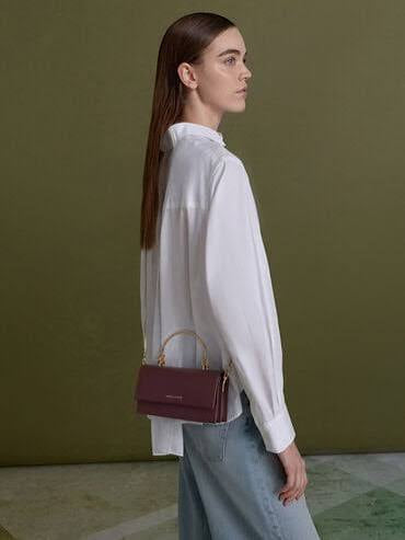 BOXED Charles and Keith Kristine Sculptural-Handle Long Wallet - Wineberry red